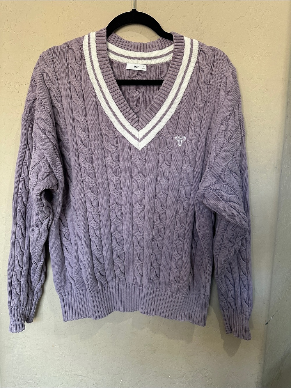 TNA Lavender Cable-Knit V-Neck Sweater with White Trim